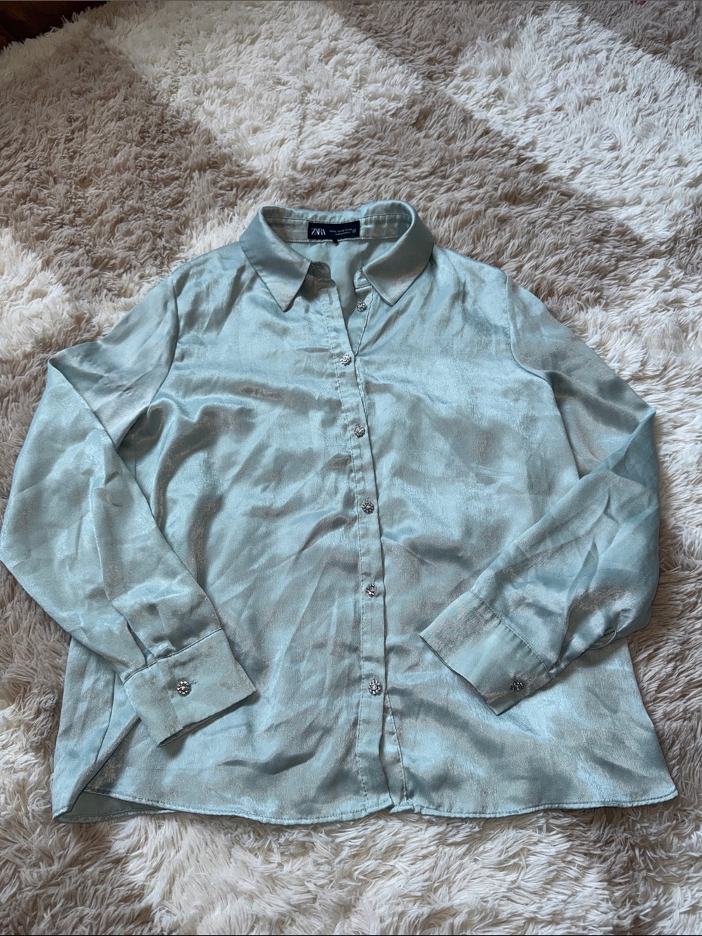 Zara Light Mint Satin Button-Down Shirt
